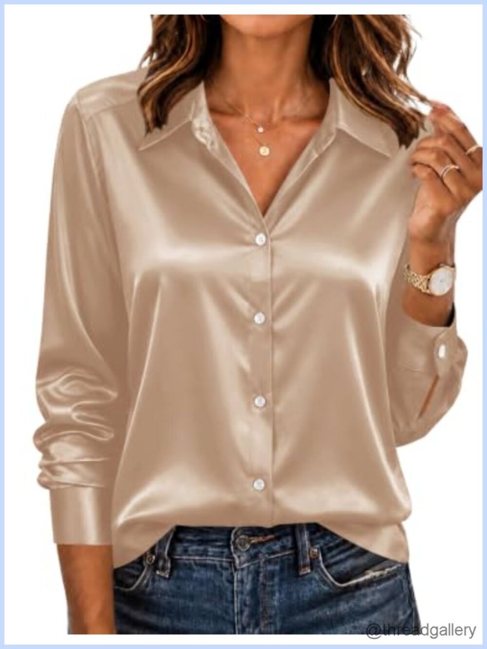 Satin Button Down Blouse Long Sleeve Collared Business Casual Top